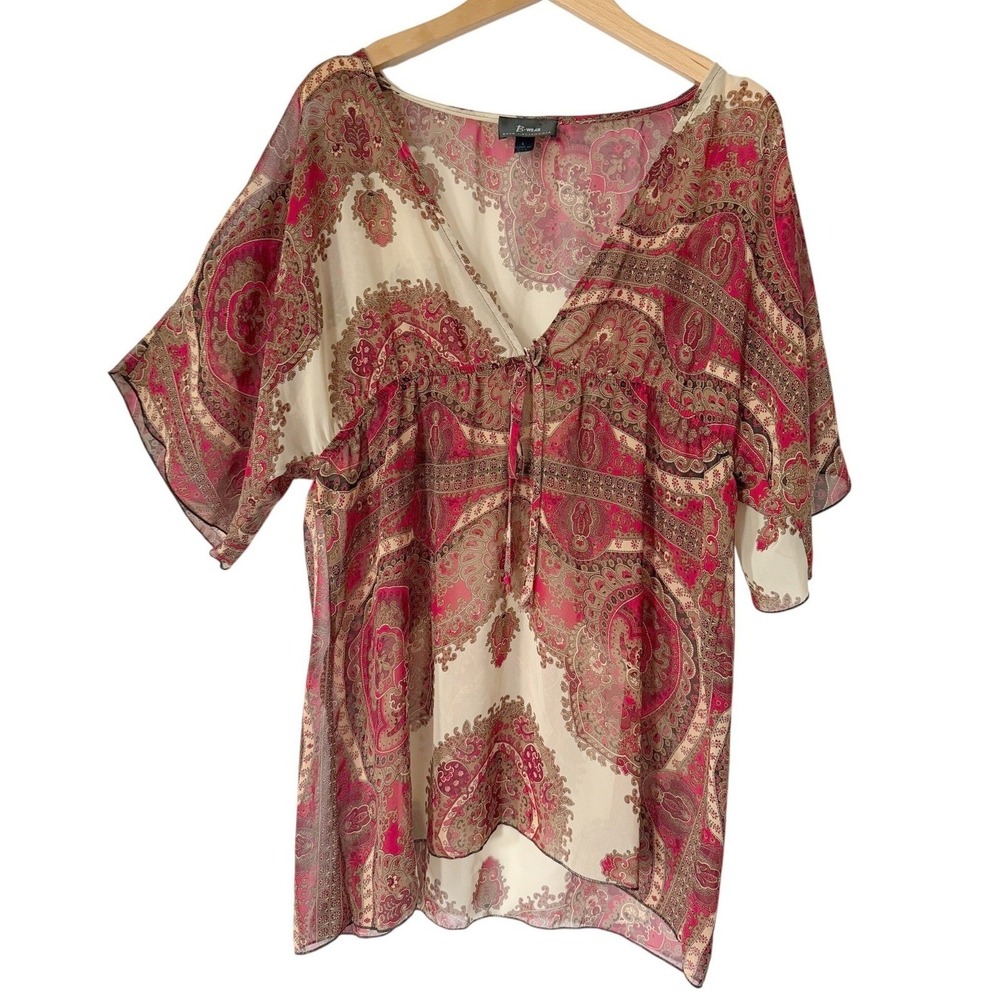 B-Wear Women L Red Paisley Boho Sheer Peplum Cover-Up Blouse Vacation Resort
